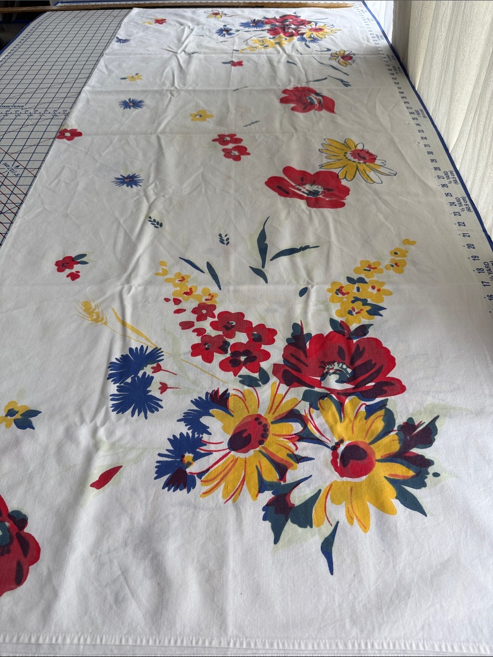 Vintage 50s Floral Tablecloth 64 x 52 Red Yellow Blue Cotton Kitchen Linen